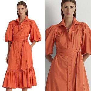 Lauren Ralph Lauren Western Trim Embroidered Bubble Sleeve Tie Waist Shirt Dress